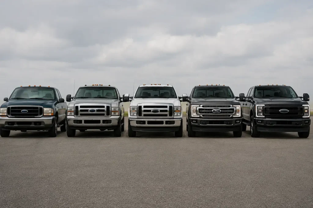 Ford Super Duty generation front ends showing grille changes from 1999 to 2026