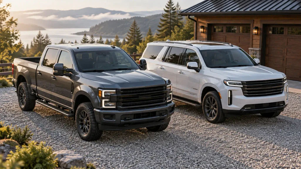 Full-size pickup truck and three-row SUV parked together, the two body styles that offer a diesel engine