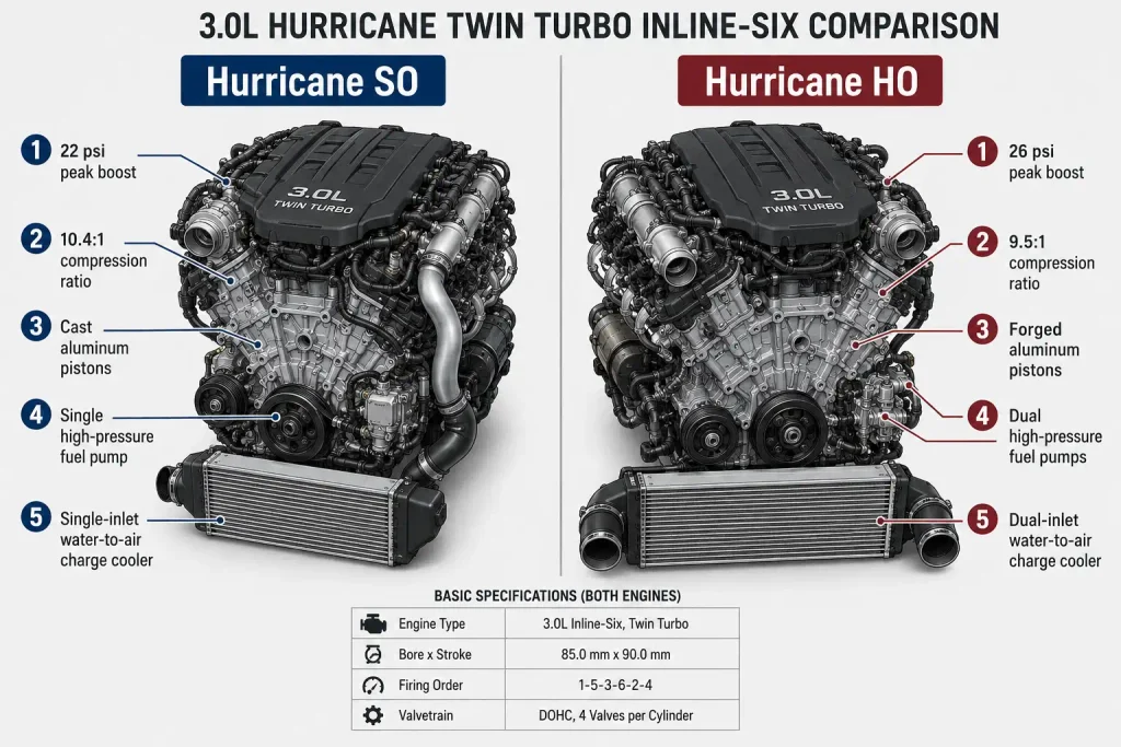 Hurricane SO vs HO engine internals showing key mechanical differences