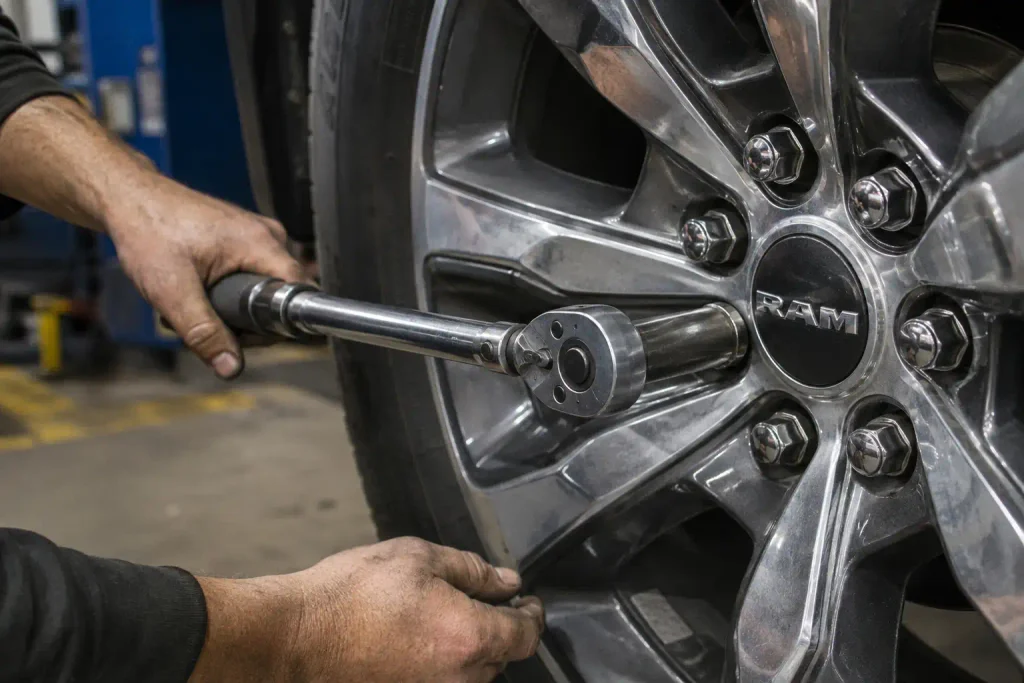 Torque wrench tightening lug nuts on Ram 1500 truck wheel