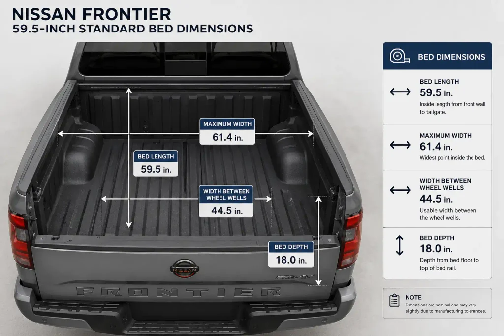 Nissan Frontier bed dimensions showing length width and wheel wells