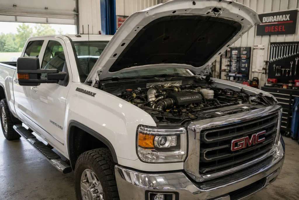 6.6L Duramax engine bay showing P0087 diagnostic area