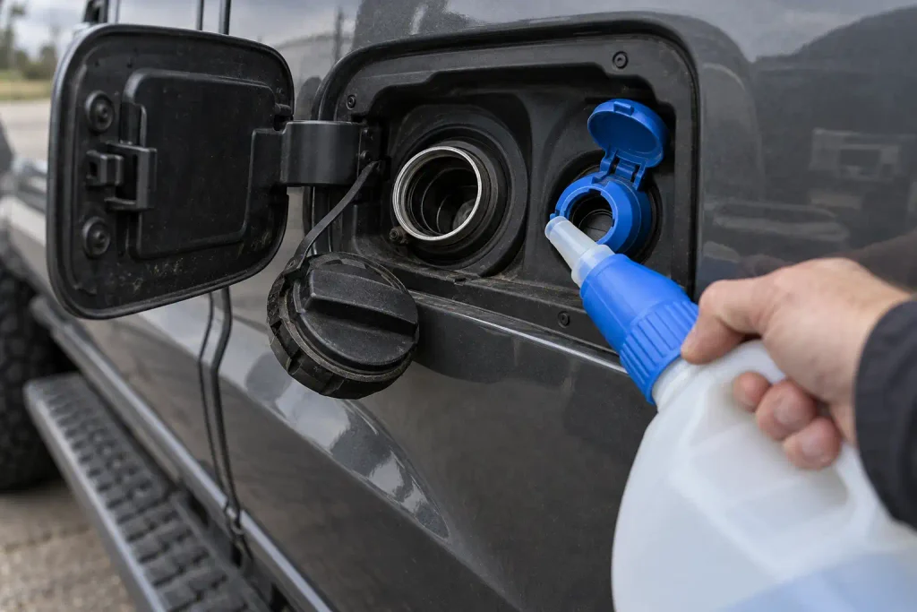 Diesel fuel filler and blue DEF filler cap on a full-size pickup truck