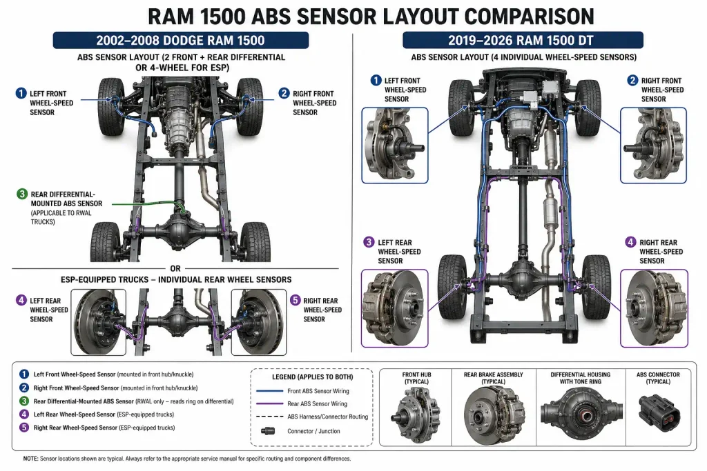 Ram 1500 ABS sensor location diagram by generation and wheel