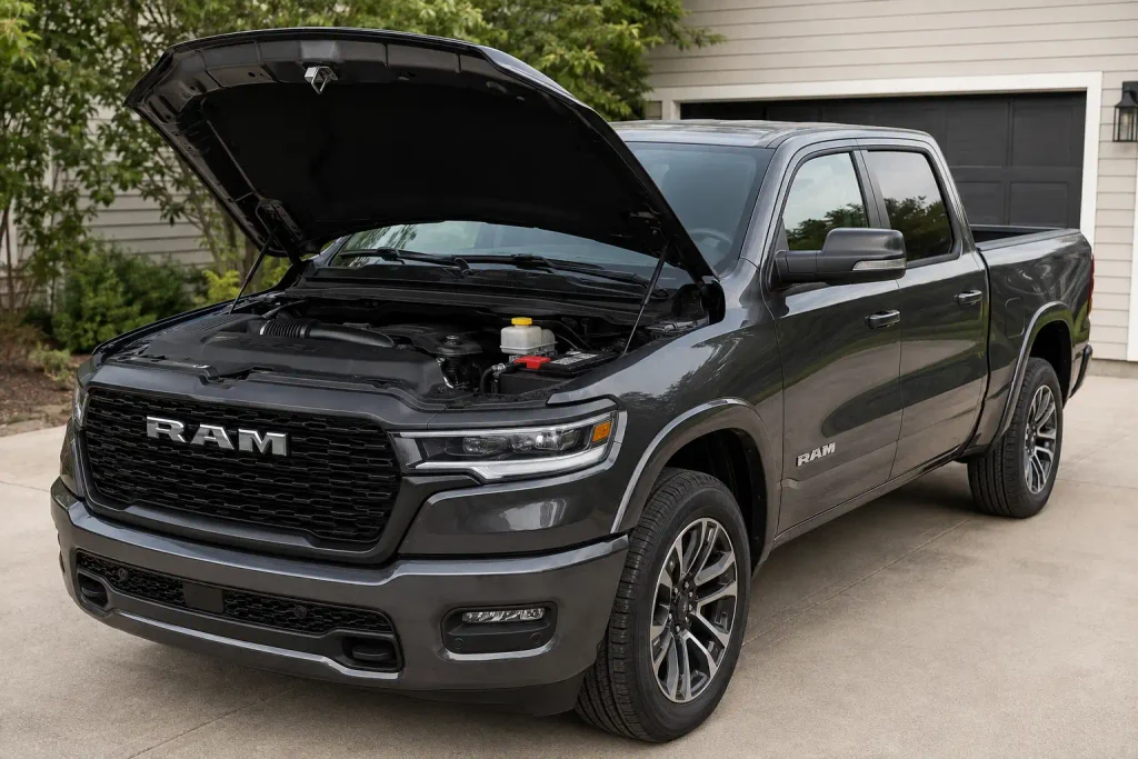 Ram 1500 battery size chart showing truck and battery location