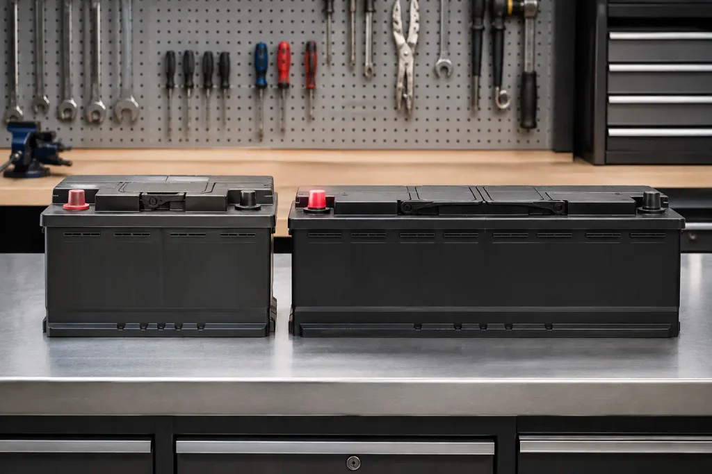 H7 and H8 Ram 1500 batteries showing size difference