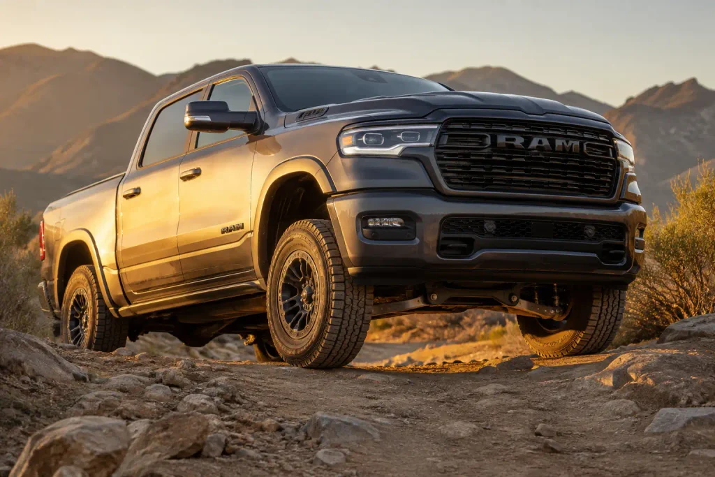 Ram 1500 4x4 truck showing front axle ground clearance on trail
