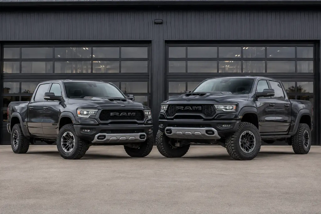 Ram 1500 Rebel and TRX side by side showing ride height difference