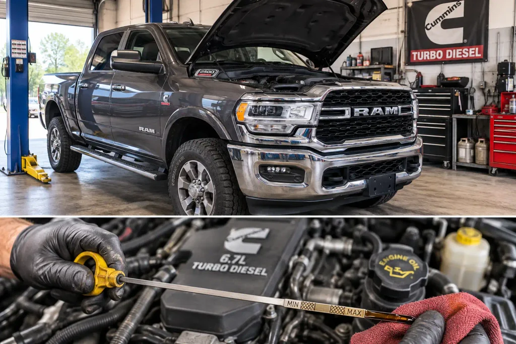 Checking Ram 2500 diesel engine oil level with a dipstick