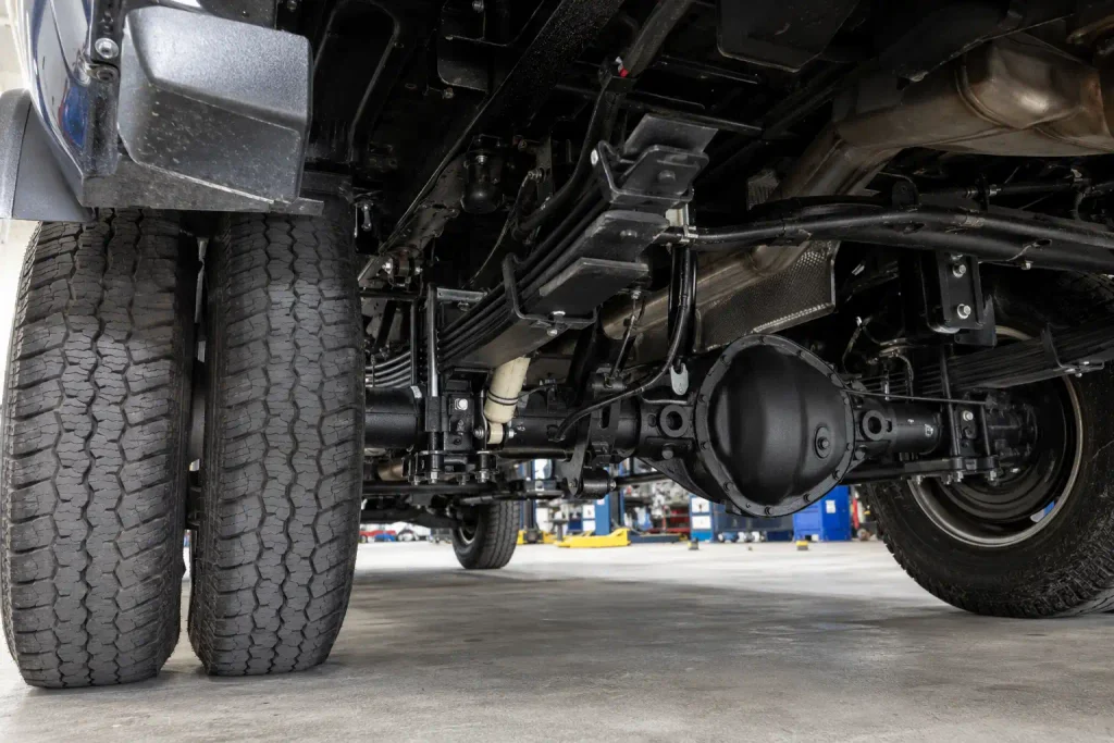 Ram 3500 rear leaf spring suspension and dually axle detail