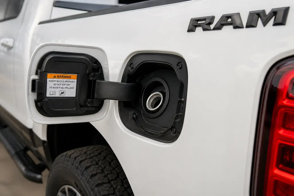 Ram pickup fuel filler showing where owners verify fuel capacity