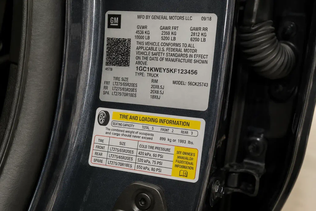 Silverado door jamb sticker showing curb weight and GVWR