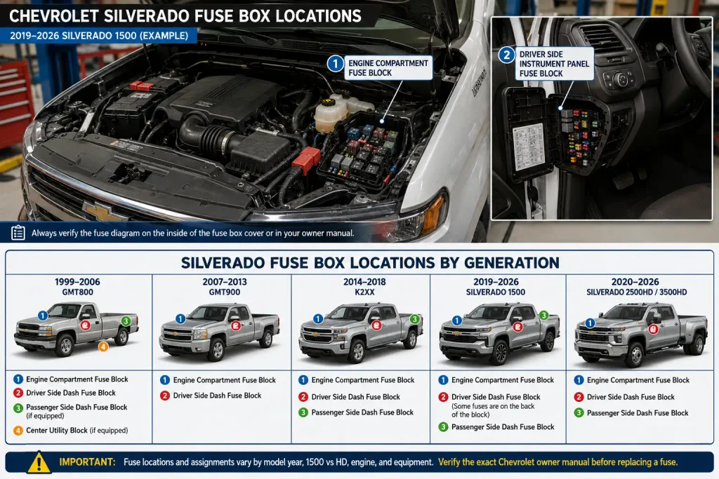 Chevrolet Silverado fuse box diagram showing underhood fuse panel location