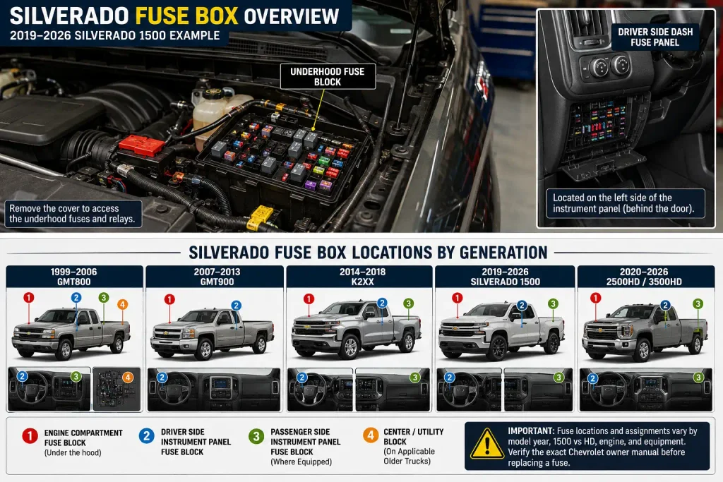 Silverado fuse box locations by generation from 1999 to 2026