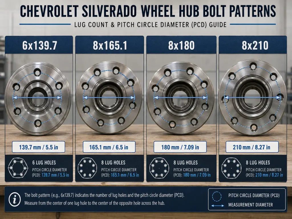 Silverado bolt pattern diagram showing 6x139.7 8x180 and 8x210