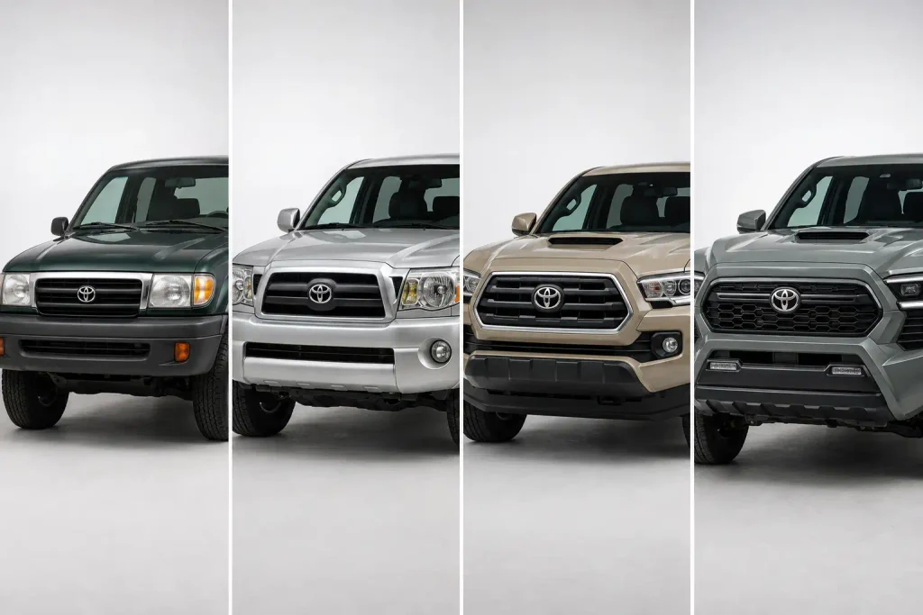 Four Toyota Tacoma generations showing front grille and body differences