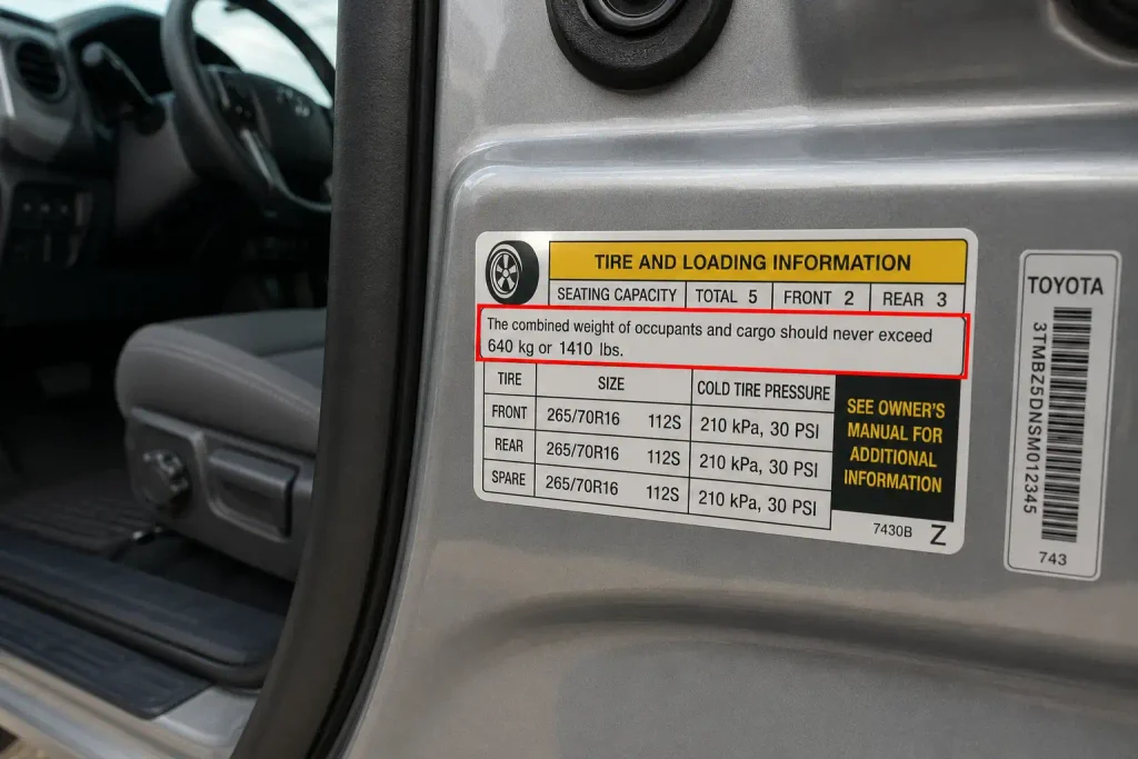 Toyota Tacoma door jamb payload label showing occupant and cargo limit