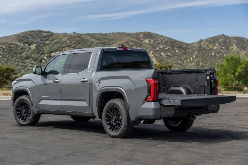 Toyota Tundra bed size chart shown on open CrewMax truck bed