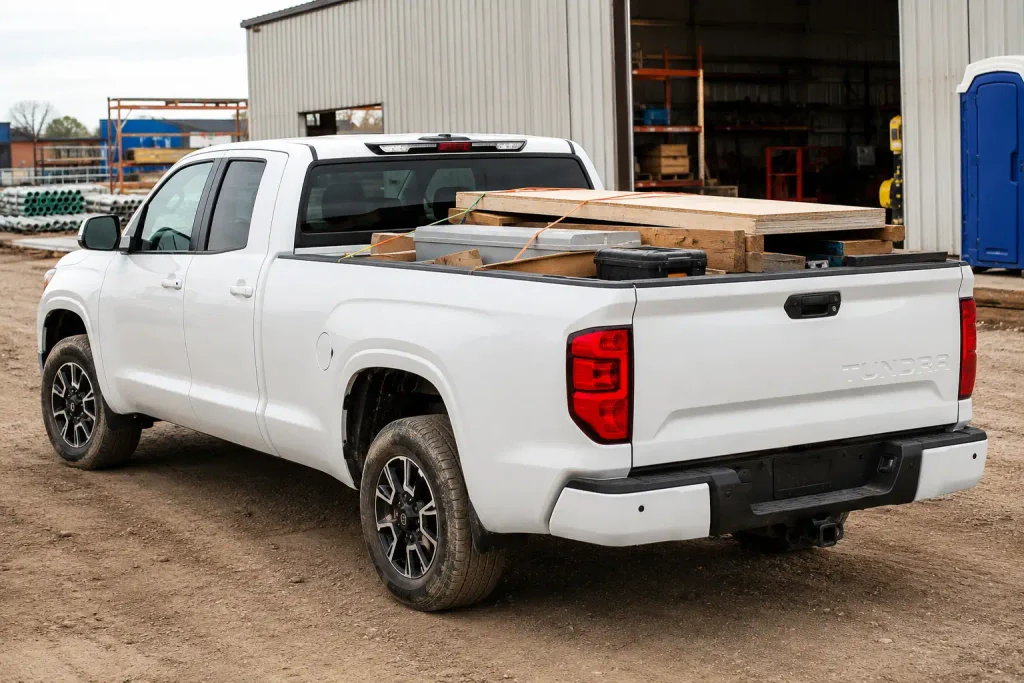 Toyota Tundra Double Cab long bed hauling cargo at job site