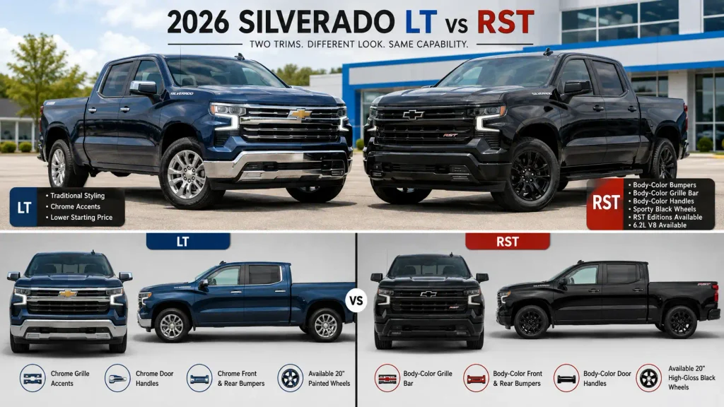 2026 Silverado LT vs RST trucks compared side by side