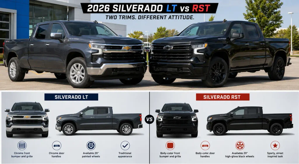Silverado LT vs RST exterior styling differences for 2026