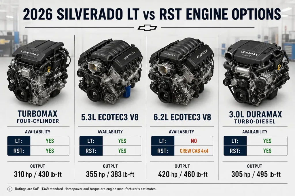2026 Silverado LT and RST engine availability comparison