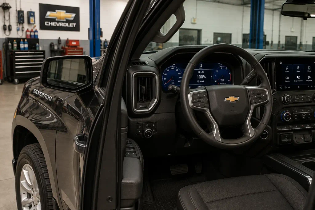 Chevy Silverado oil life reset showing 100 percent on dashboard