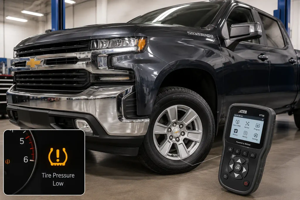 Chevrolet Silverado TPMS reset with tire sensor relearn tool