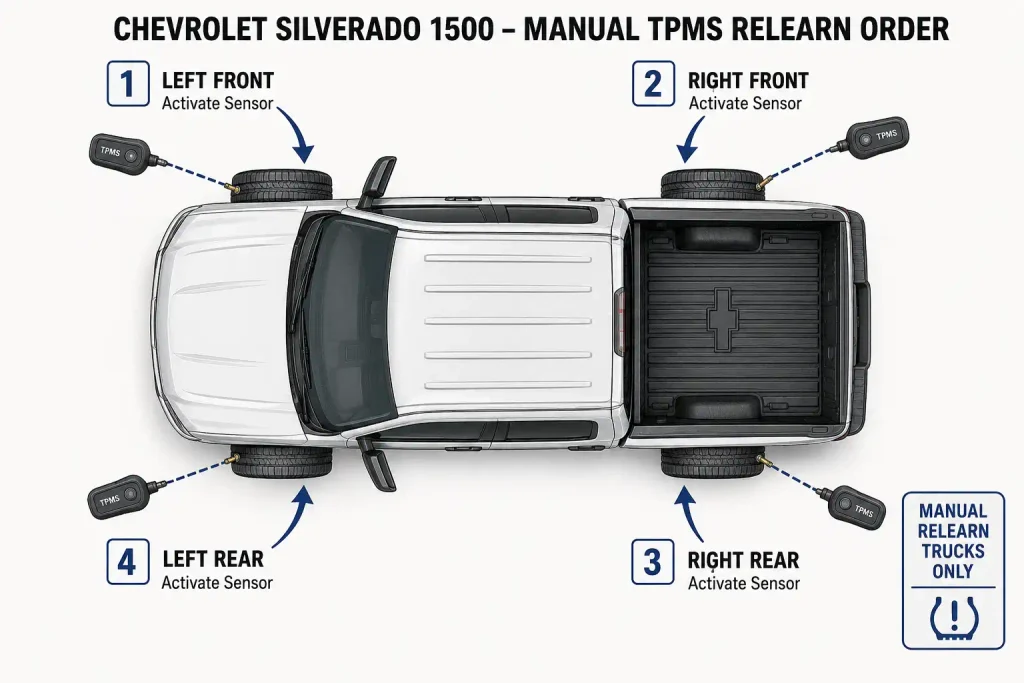 Silverado TPMS relearn order showing four tire sensor positions