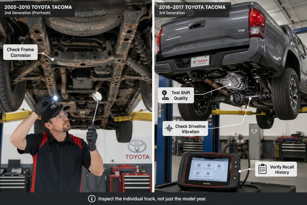 Tacoma frame corrosion and drivetrain inspection for risky model years