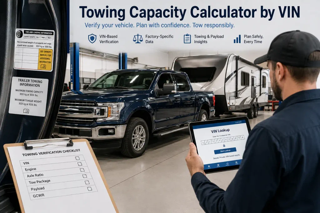 Towing capacity calculator by VIN showing a pickup truck, trailer, and configuration checklist