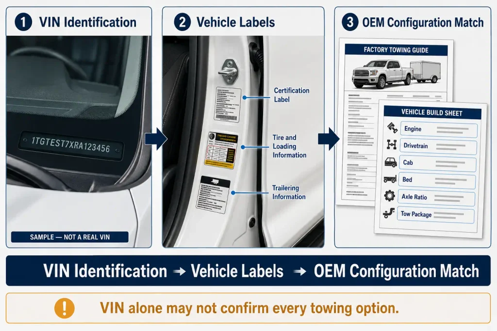 VIN towing lookup diagram showing the windshield VIN, door labels, and OEM towing guide