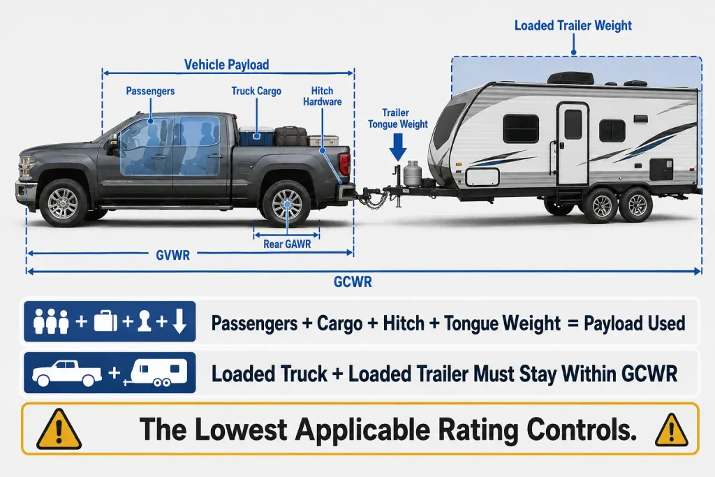 Truck towing limits diagram showing payload, tongue weight, GVWR, GAWR, and GCWR