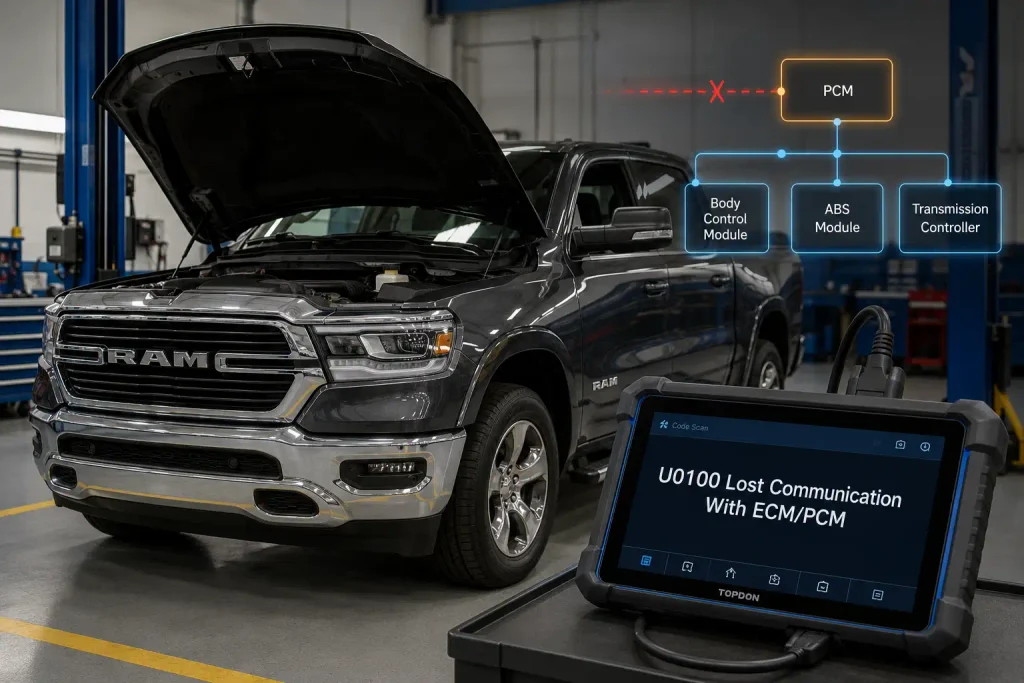 Ram 1500 scanner showing U0100 lost PCM communication code