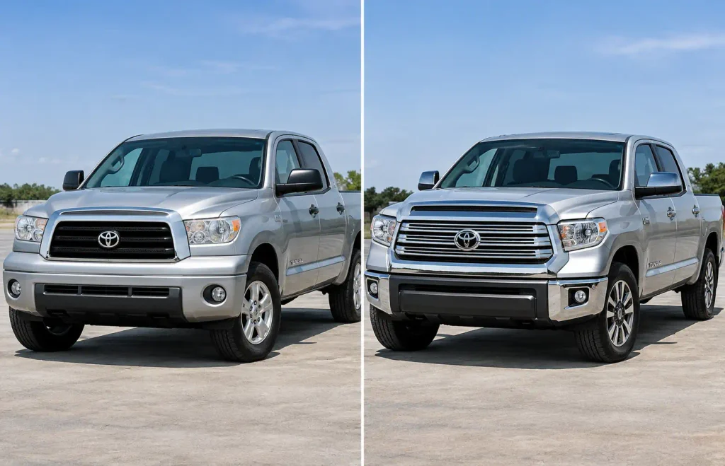 2013 and 2014 Toyota Tundra front ends showing second-generation styling differences