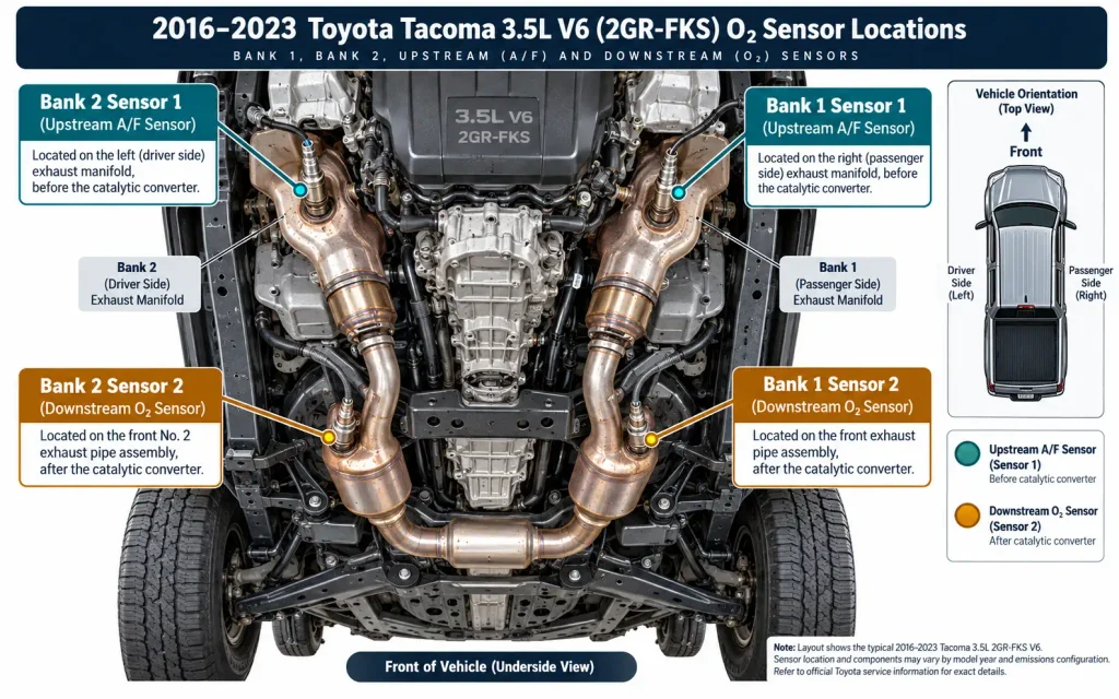2016 to 2023 Tacoma 3.5L V6 oxygen sensor locations by bank