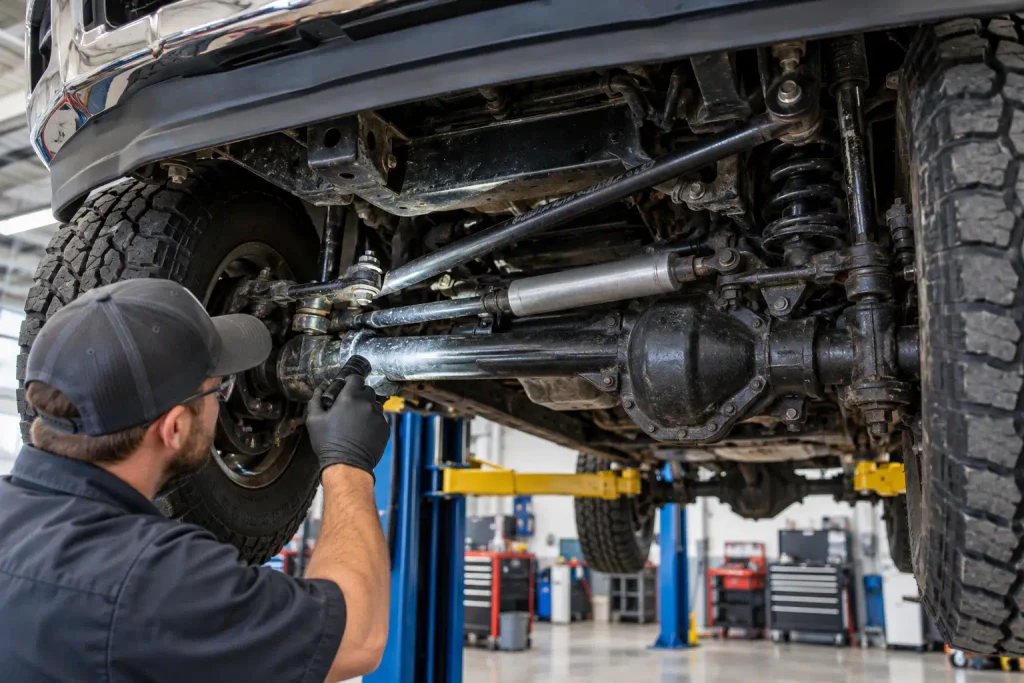 Technician inspecting Ford F250 4WD steering linkage before a used truck purchase