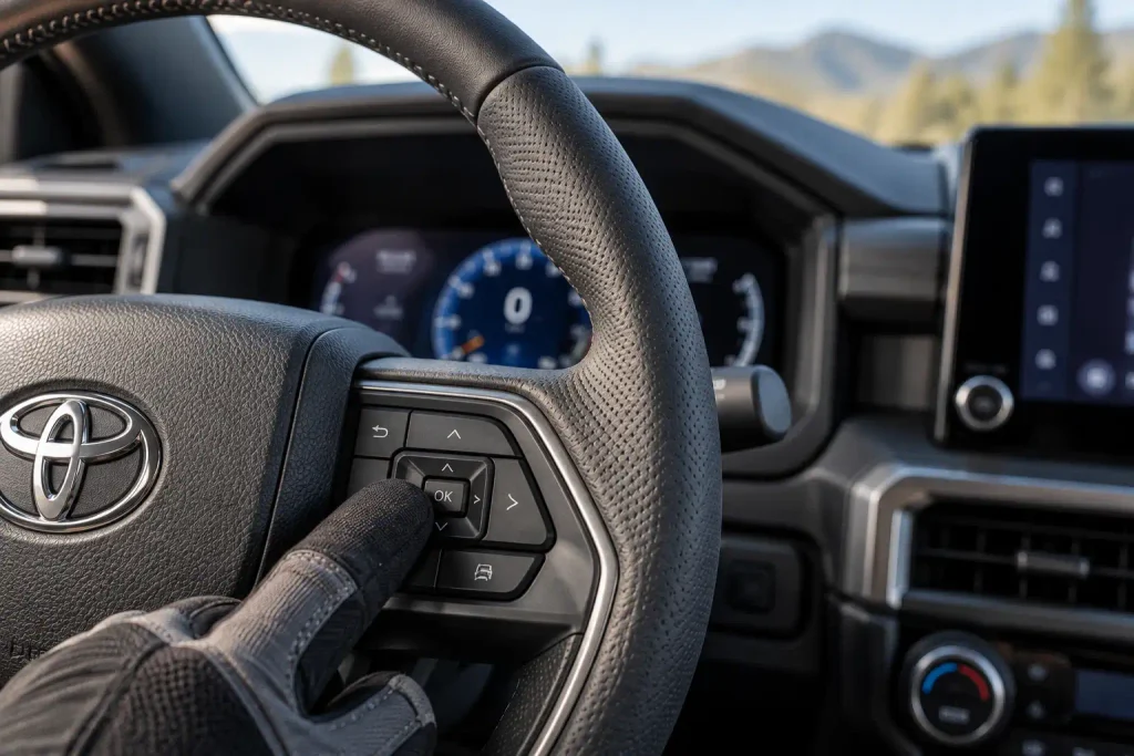 2025 Toyota Tacoma steering wheel controls beside the instrument cluster for TPMS initialization