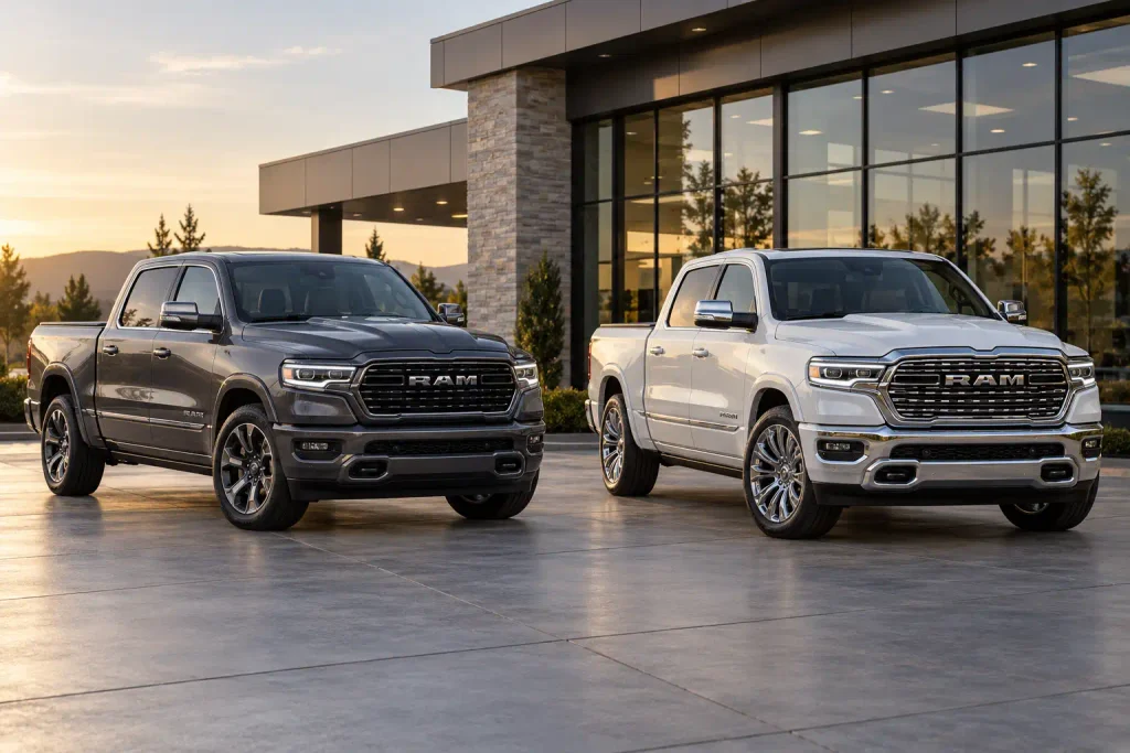 2026 Ram 1500 Laramie vs Limited pickups parked side by side