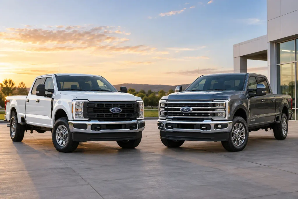 2026 Ford F-250 XLT and Lariat pickup trucks side by side