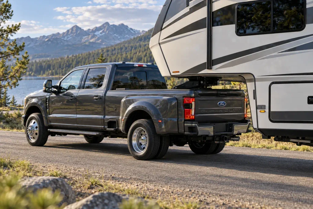 Ford F-350 dually positioned with a fifth-wheel RV at a level campground