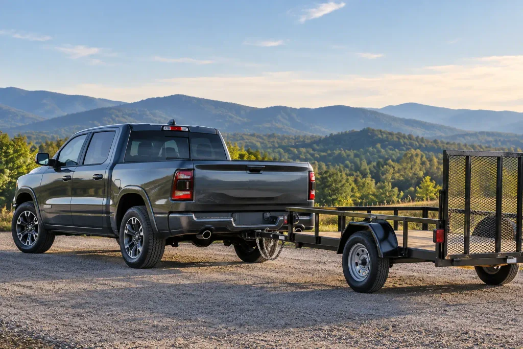 2026 Ram 1500 pickup towing a light utility trailer with visible hitch connection