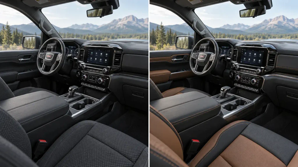 2026 GMC Sierra Elevation cloth cabin beside AT4 leather interior