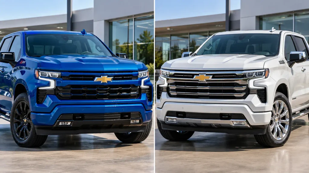 Front exterior styling differences between 2026 Silverado RST and High Country