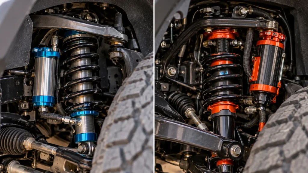 Bilstein reservoir and FOX QS3 shocks compared on 2026 Toyota Tacoma off-road trims