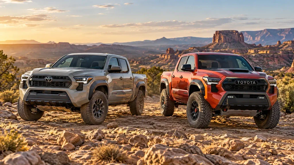 2026 Toyota Tacoma TRD Off-Road and TRD Pro parked side by side on a rocky trail