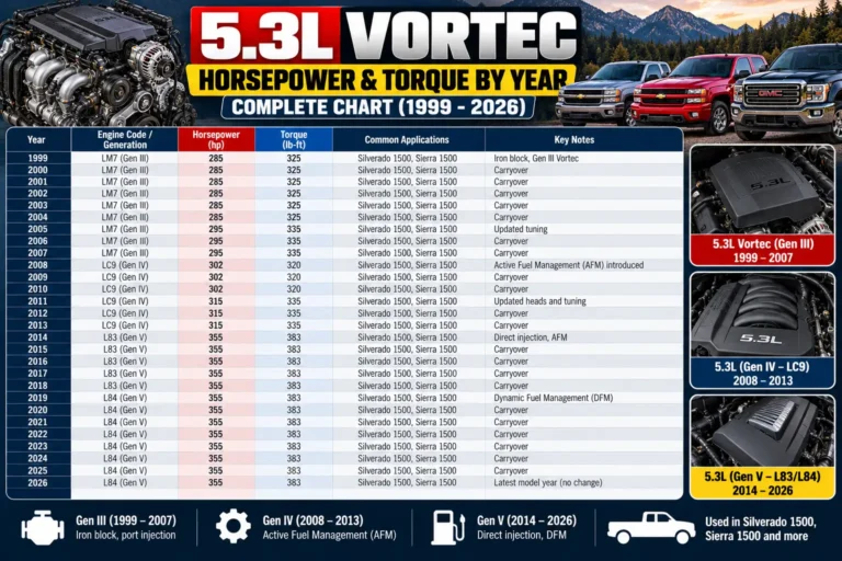5.3L Vortec horsepower and torque chart from 1999 to 2026 showing GM engine generations