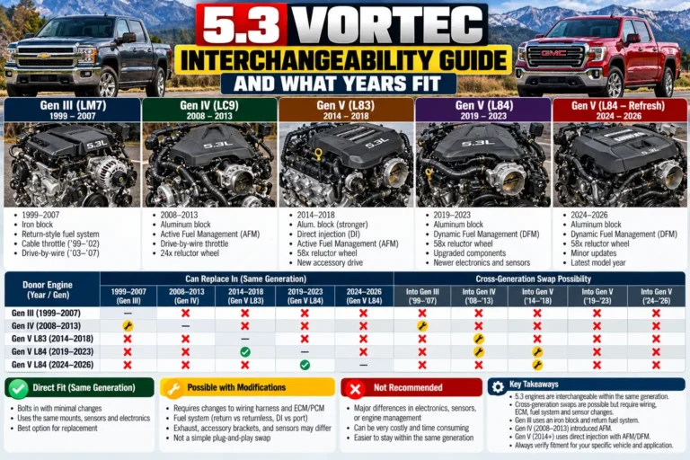 GM 5.3 Vortec interchangeability guide showing engine generations, model years, and swap compatibility considerations
