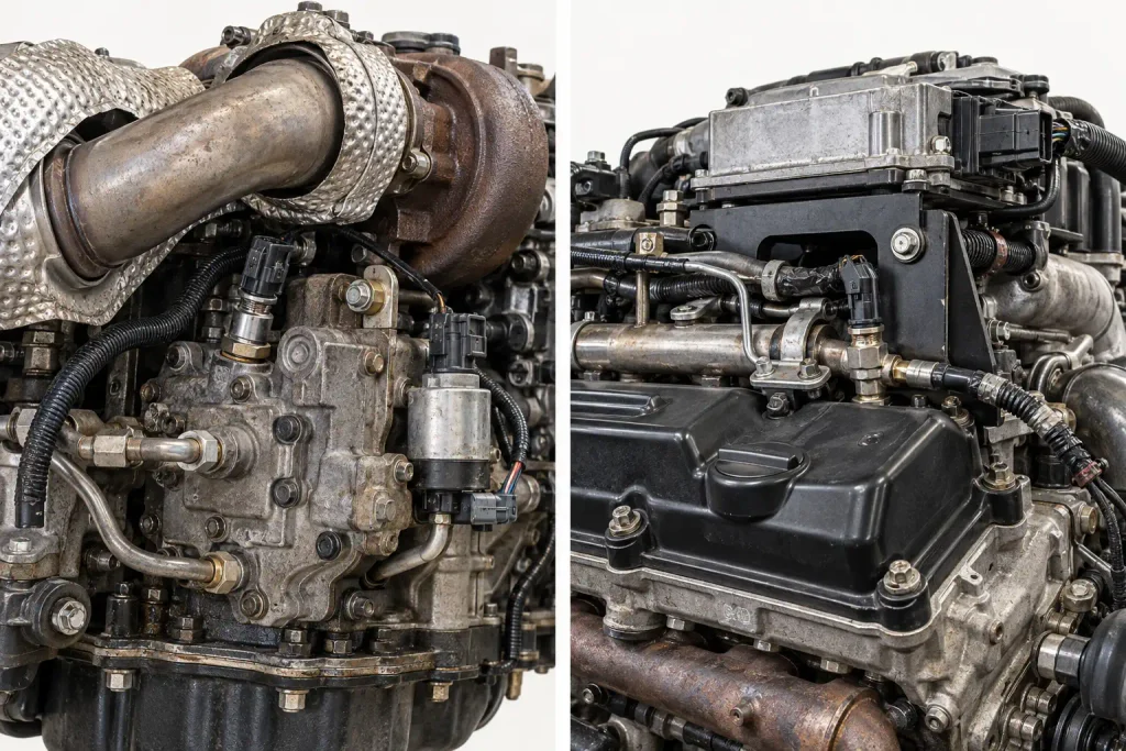 Early rear-mounted and later passenger-side ICP sensor locations on Ford 6.0 Powerstroke engines