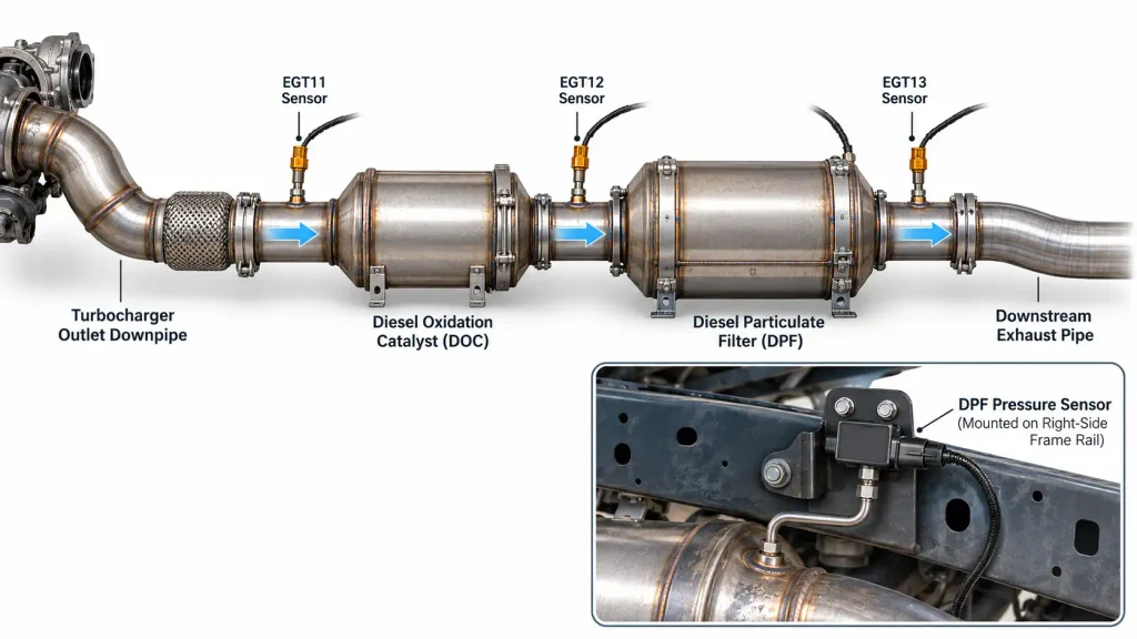 6.4 Power Stroke exhaust diagram showing EGT11 EGT12 and EGT13 around DOC and DPF